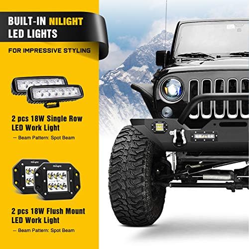 Nilight Ön Tampon 07-18 Jeep Wrangler JK için Uyumlu & Sınırsız Kaya Paletli Tampon ile 4 x LED ışıkları, vinç Plaka ve 2 x D-Yüzük,
