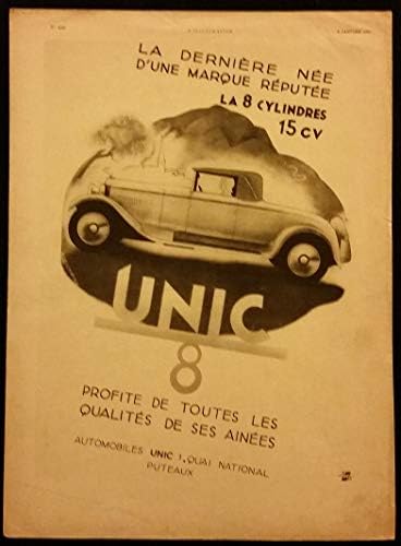1931 UNIC '8' 15 CV FAUX-CABRIOLET * La dernière née d'une marque réputée * LARGE VINTAGE NON-COLOR AD - FRENCH - FANTASTIC ORIGINAL