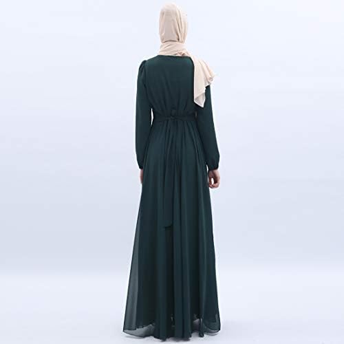 BooW kadın Şifon Kaftan Abaya Elbise Müslüman Uzun Kollu Öz Kravat Flowy Maxi Elbise İslam Gece Elbisesi
