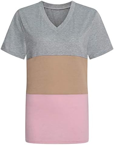 Renk bloğu üstleri kadınlar için kısa kollu yaz tunik gömlek V yaka Flowy rahat bluz artı boyutu