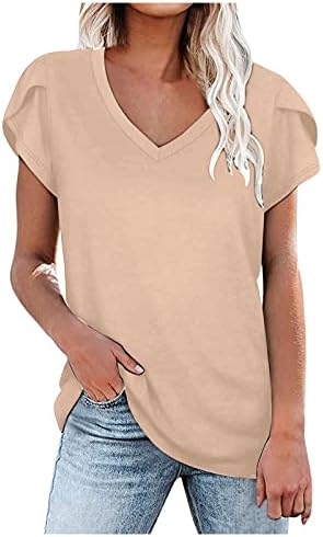 Flowy Kadınlar Için Tops Kısa Kollu Düz Renk T Shirt Yaz Iş T-Shirt V Boyun Gevşek Fit Bluz Artı Boyutu