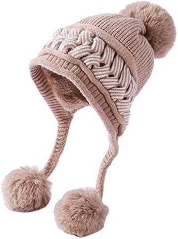 Tangjun Womens Kış Sıcak Beanie Örme Kürk Astar Kulak Flaps Rahat Kap Ponpon Şapka