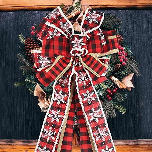 Noel Ağacı Topper, 45x13 İnç Büyük Kar Tanesi Noel Treetop Yay, kırmızı ve Siyah Ekose Buffalo Dekoratif Yaylar Noel Dekorasyon