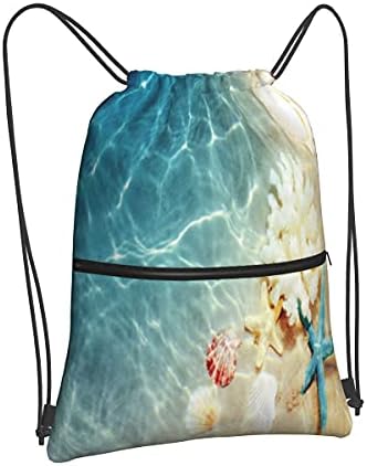 Plaj Deniz Kabuğu Denizyıldızı İpli sırt çantası Çanta Sackpack Kadınlar için Büyük 18L x 15.3W Spor Dize Cinch Çuval ile Cep