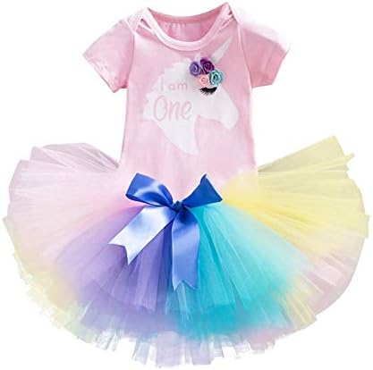 ODASDO Bebek Kız Unicorn Ilk Doğum Günü Kıyafeti Bir Yıl Partisi Kek Smash Prenses Tutu Etek Romper Bandı 3 adet Set