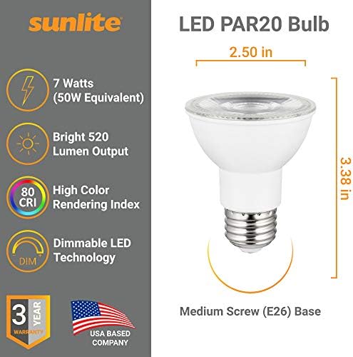 Sunlite 41027-SU LED PAR20 Reflektör Ampul, 7 Watt (50W Eşdeğeri) , 520 Lümen, Orta E26 Taban, Kısılabilir, Spot Işığı, Energy