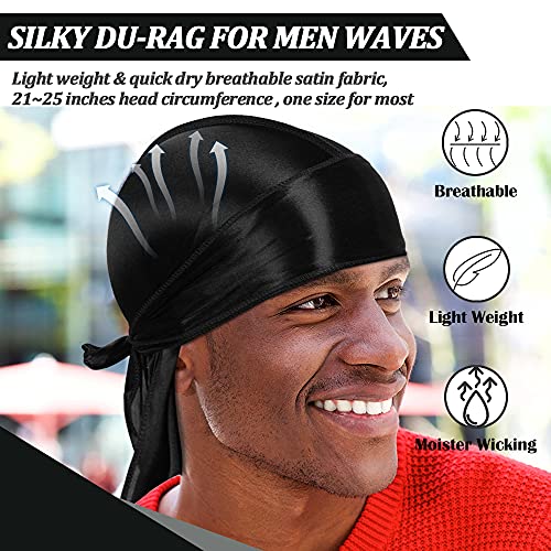DACKRİTO 2 Parça İpeksi Durag Paketi Erkekler Kadınlar için, prim Saten Doo Bez Headwrap ile Uzun Kuyruk için 360 Dalgalar, SİYAH