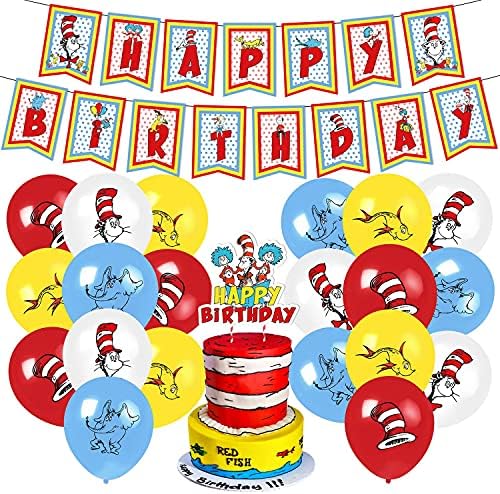 Dr Seuss doğum günü parti malzemeleri, şey 1 ve şey 2 parti süslemeleri ile set bir mutlu doğum günü banner, kek topper, balon