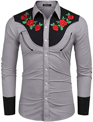 COOFANDY erkek İşlemeli Gül Tasarım Batı Gömlek Uzun Kollu Düğme Aşağı Gömlek