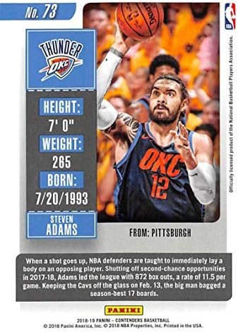 2018-19 Panini Yarışmacıları Sezon Bileti 73 Steven Adams Oklahoma City Thunder NBA Basketbol Ticaret Kartı