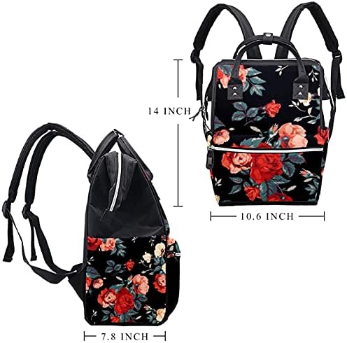Bebek bezi Çantası BackpackLarge Unisex Çanta, Çok Amaçlı Seyahat Geri Paketi Anneler Babalar için Siyah Arka Plan Kırmızı Çiçek