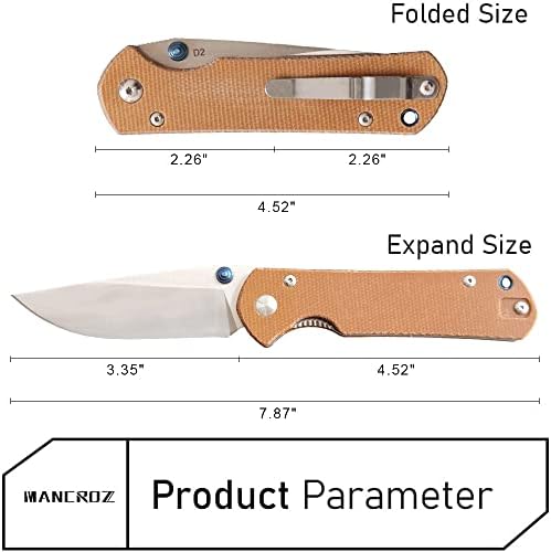 MANCROZ MC137 Cep Katlanır Bıçak-Hafif Açık av bıçağı 3.35 D2 Saten Bıçak Micarta Kolu,EDC Kamp Aracı için İyi (Kahverengi)