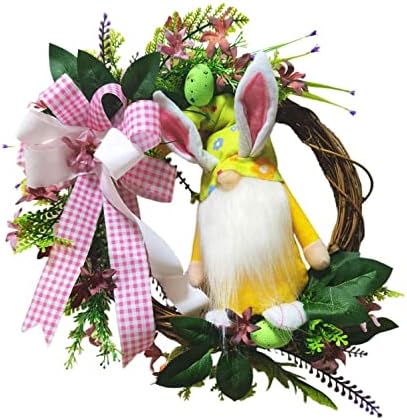 Paskalya Yapay Asma Çelenk Ön Kapı Dekor için Peluş Bunny Gnome Bebek Şerit Yaylar ve Yumurta Çelenkler Duvar Pencere Kapı Asılı