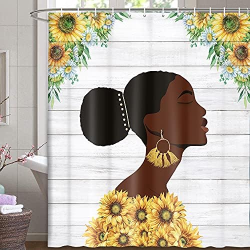 Ayçiçeği Duş Perdesi ile siyah Kız, afrika Kökenli Amerikalı Kadın Rustik Sarı Çiçek Ülke Ahşap Tahta Banyo Perdesi Modern Genç