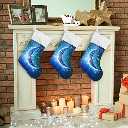 YUEND Noel Stocking Kitleri ile Beyaz Peluş Trim Klasik Kişiselleştirilmiş Büyük Yıldızlı Gece Ay için Aile Tatil Noel Parti