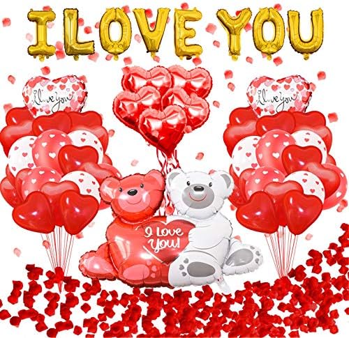 Sevgililer Günü Balonlar - Seni Seviyorum Balonlar & 22 Kalp Balonlar Kiti ile 1000 Adet Kırmızı İpek Gül Yaprakları Düğün Çiçek