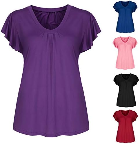 889 Artı Boyutu Bluz Kadın Ruffles Kollu Kazak Yuvarlak Boyun Tops Katı Renk Tees Casual Rahat T Shirt Pembe