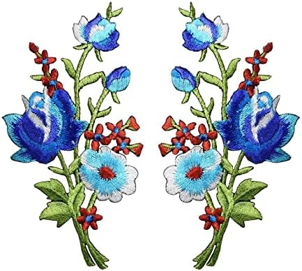 Lot 2 adet Mavi Gül Çiçek Nakış Demir On Aplike Yama / Çifti