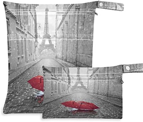 Kırmızı Şemsiyeli KEEPREAL Paris Caddesi Bez Bebek Bezi ve Mayo,Seyahat ve Plaj için Islak Kuru Çanta-Suya Dayanıklı Islak Çantalar-Islak