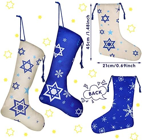 SATİNİOR 3 Parça Mutlu Hanuka Çorap, 18 inç Mavi Noel Asılı Stokları Glitter Menorah David Yıldızı Kadife Kar Tanesi Çorap Noel