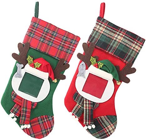 BENİM-EVCİL Noel Çorap asılı süsler ile Aile Fotoğraf Çerçevesi, 2 Paket 17 İnç Ekose Noel Çorap Ağacı Ev Dekorasyon