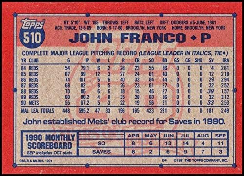 1991 Topps 510 John Franco NM - MT New York Mets Resmi Lisanslı MLB Beyzbol Ticaret Kartı