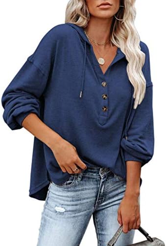 REVETRO Womens V Boyun Uzun Kollu Henley Gömlek Düğme Aşağı Sweatshirt Hoodies Tunik İpli ile Tops