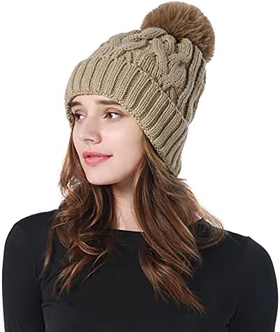 AOKO Kış Bere Şapka Kadınlar için Sıcak Kalın Bobble Ponpon Kafatası Kap Büyük Pom Pom Örme Püskül Şapka