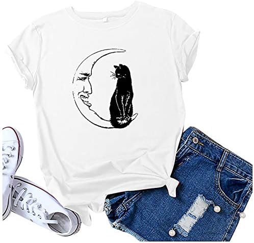 Dosoop Kadın Gömlek Komik Ay Kedi Baskı T Shirt Grafik Tee Kısa Kollu Crewneck Bluz Gevşek Temel Tunik Üstleri