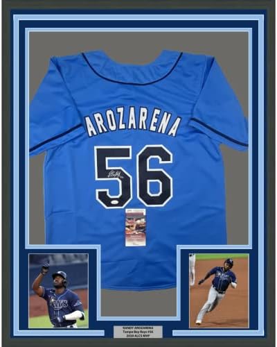 Çerçeveli İmzalı / İmzalı Randy Arozarena 33x42 Tampa Bay Açık Mavi Beyzbol Forması JSA COA