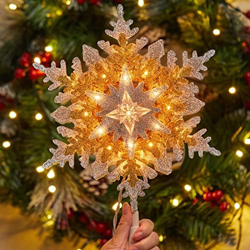 Noel Kar Tanesi Ağacı Topper Işıklı, 9 Altın Glitters Kaplama Kar Tanesi Ağacı Topper Plug in Dahili 20 Ampuller için Kapalı