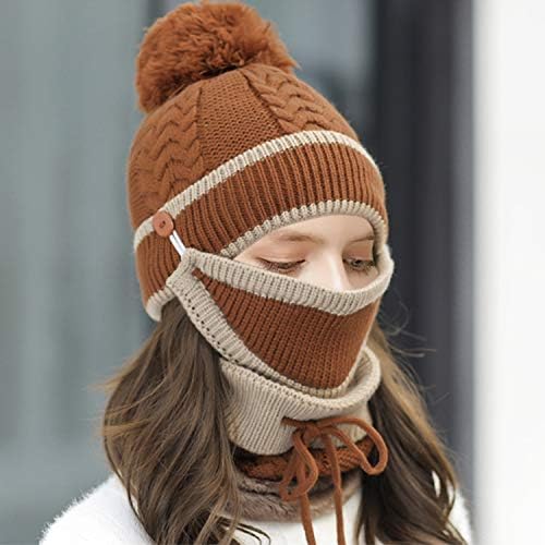 Kış Örgü Bere Şapka Eşarp Seti ile Yüz Kapak Dokunmatik Eldiven için Kadın, Pom Hımbıl Kafatası Kap ile Polar Astarlı