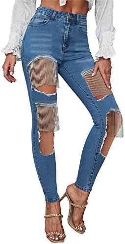 BHSJ Kadın Elastik Delik Skinny Jeans Yüksek Bel Düğme Cep Sıkıntılı Ripped Denim Pantolon Rahat Streetwear Pantolon