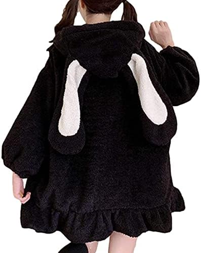 Sevimli Kawaii Tavşan Hoodie Ceket Palto Kadınlar için Moda Japon Bulanık Kabarık Tavşan Kapüşonlu Sweatshirt Dış Giyim