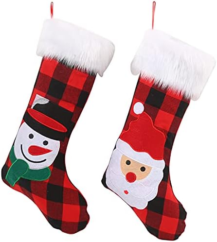 UXCHGALE 2 ADET Noel Çorap Klasik Büyük Çorap Noel Baba, Kardan Adam Nakış Desen, Buffalo kırmızı Ekose, Noel Aile Tatil Parti
