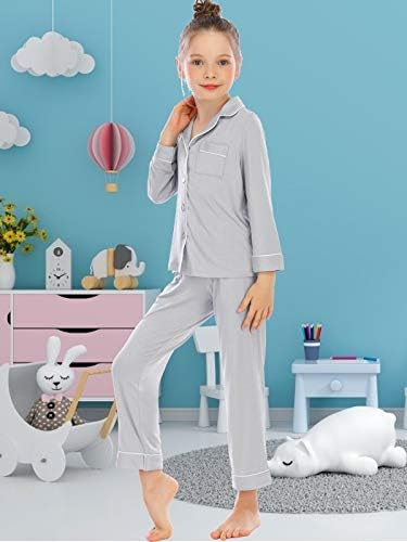 Veseacky Unisex Kız Erkek Pijama Uzun Kollu Pijama Düğme-Aşağı 2 Pcs Pjs Set için 5-14 Yıl