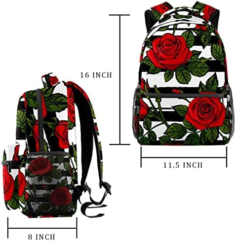 Kırmızı Güller Siyah Beyaz Çizgili Sırt Çantası Erkek ve Kız için Hafif omuzdan askili çanta Su Geçirmez Rahat Sırt Çantası Seyahat