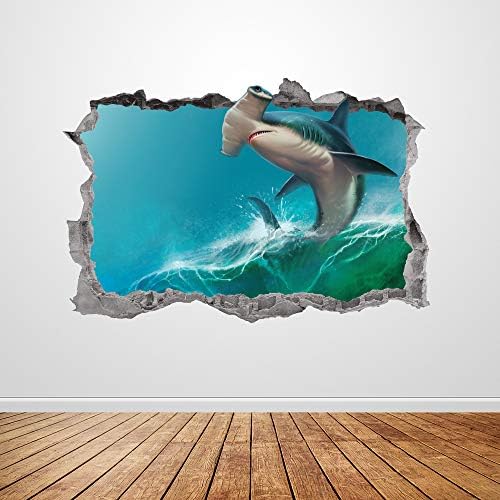 Çekiç Köpekbalığı Duvar Çıkartması Sanat Smashed 3D Grafik Çekiç Köpekbalığı Hayvan Okyanus Duvar Sticker Duvar Posteri Çocuk