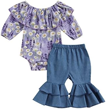 Bahar Bebek Kız Giysileri Set Çiçek Fırfır Yaka Romper Tops & Denim Flare Pantolon Çan Alt Kot Hippi Kıyafet