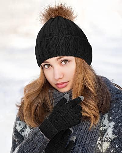 4 Adet Kadın Kış Örme Bere Şapka Eldiven Set Kafatası Kap Dokunmatik Eldiven