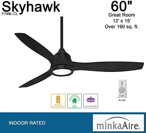 Minka-Aire F749L-CL Skyhawk Oymalı Ahşap Bıçaklı 60 İnç LED Tavan Vantilatörü, Entegre LED Işık ve Kömür Kaplamalı DC Motor