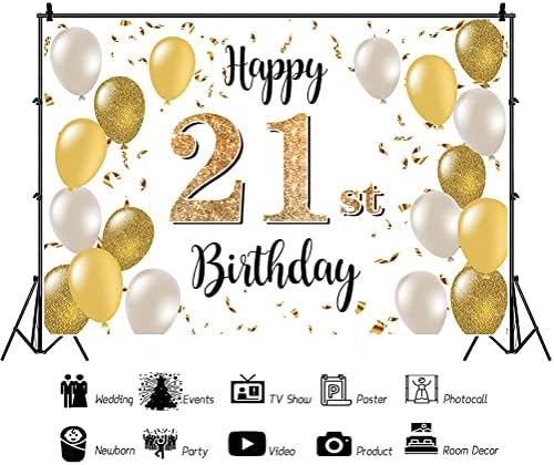Baocicco 5x3ft Mutlu 21st Doğum Günü Zemin Fotoğrafçılık için Glitter Altın Beyaz Balon Şerit Erkek Kız 21 Yaşında Doğum Günü