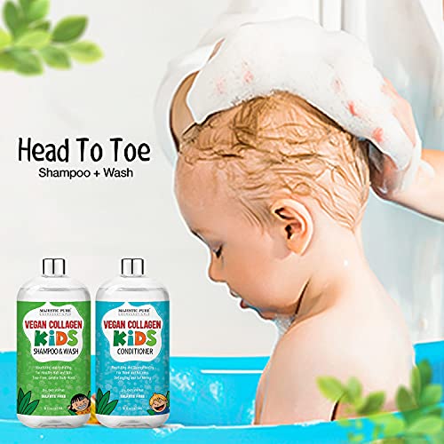 Majestic Saf Vegan Kollajen Çocuk Şampuanı Saç Kremi Seti-Hafif Çocuk Şampuanı ve Vücut Yıkama Arapsaçı İçermeyen Formül-Sülfat