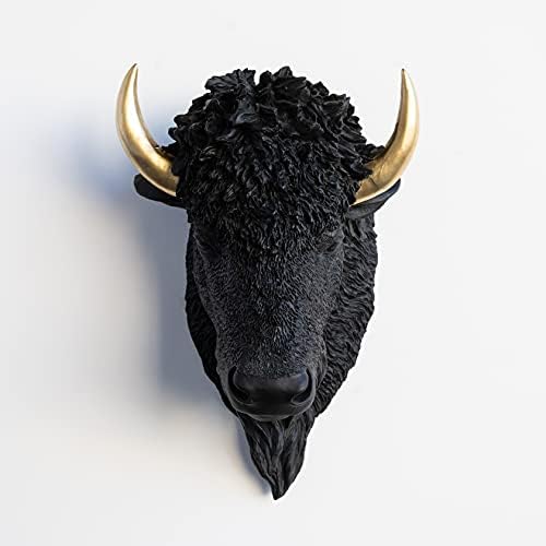 Yakın ve Geyik BIH1753 Sahte Tahnitçilik Bizon Kafası Duvara Montaj, Siyah / Altın