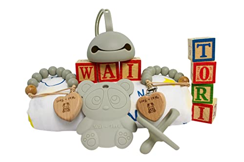 Wai + Tori Premium Emzik Diş Çıkarma Hediye Seti 0-6 ay ve 6-12 Aylık Bebekler için Kız veya Erkek Bebek (Açık Gri), 6 Parçalı