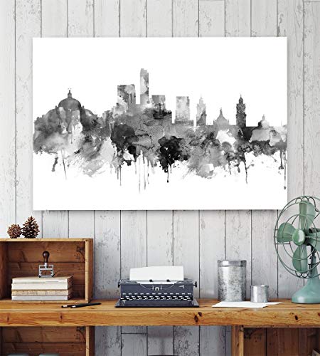 Mexico City Skyline siyah ve beyaz, Seyahat Poster, Suluboya Cityscape Duvar Dekor, Haritacılık Sanat, Mexico City Cityscape,