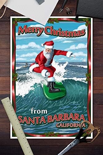 Santa Barbara, Kaliforniya, Kaliforniya'dan Merry Christmas, Santa Sörf 104090 (12x18 Sanat Baskı, Seyahat Posteri Duvar Dekor)