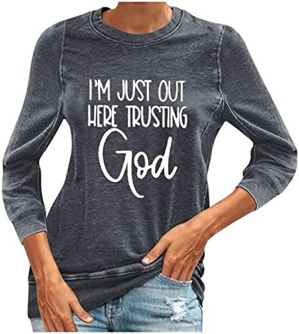 Ben Sadece Burada Güvenen Tanrı Mektup T-Shirt ile Kadınlar için Yuvarlak Boyun Düz Renk Kazak Üst Uzun Kollu