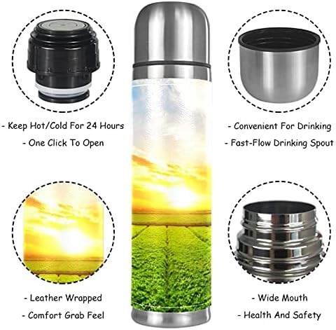 Lılıbeely 17 oz Vakum Yalıtımlı Paslanmaz Çelik Su Şişesi Spor Kahve Seyahat Kupa Flask Hakiki Deri Sarılmış BPA Ücretsiz, Güneşli