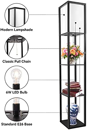 Raflı Zemin Lambası, 3 Ahşap Ekranlı Modern Ayaklı Lamba Depolama Lambası Gölge Çekme Zinciri Kontrolü LED Ampullü 3000K Başucu